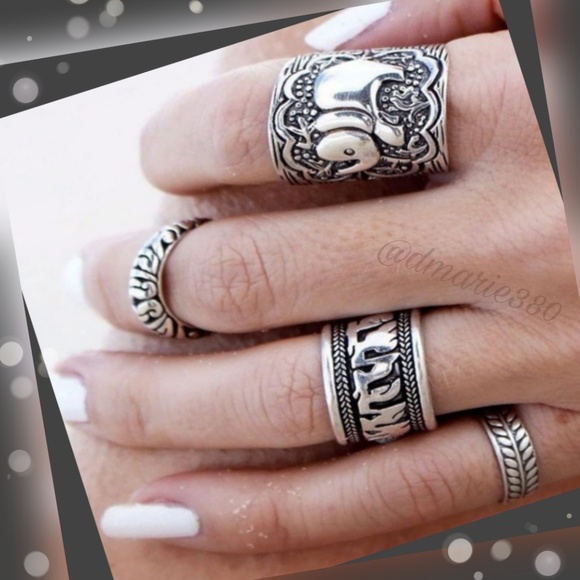 🆕️ Bohemian Vintage Silver Elepant 4pc ring set - Picture 1 of 4